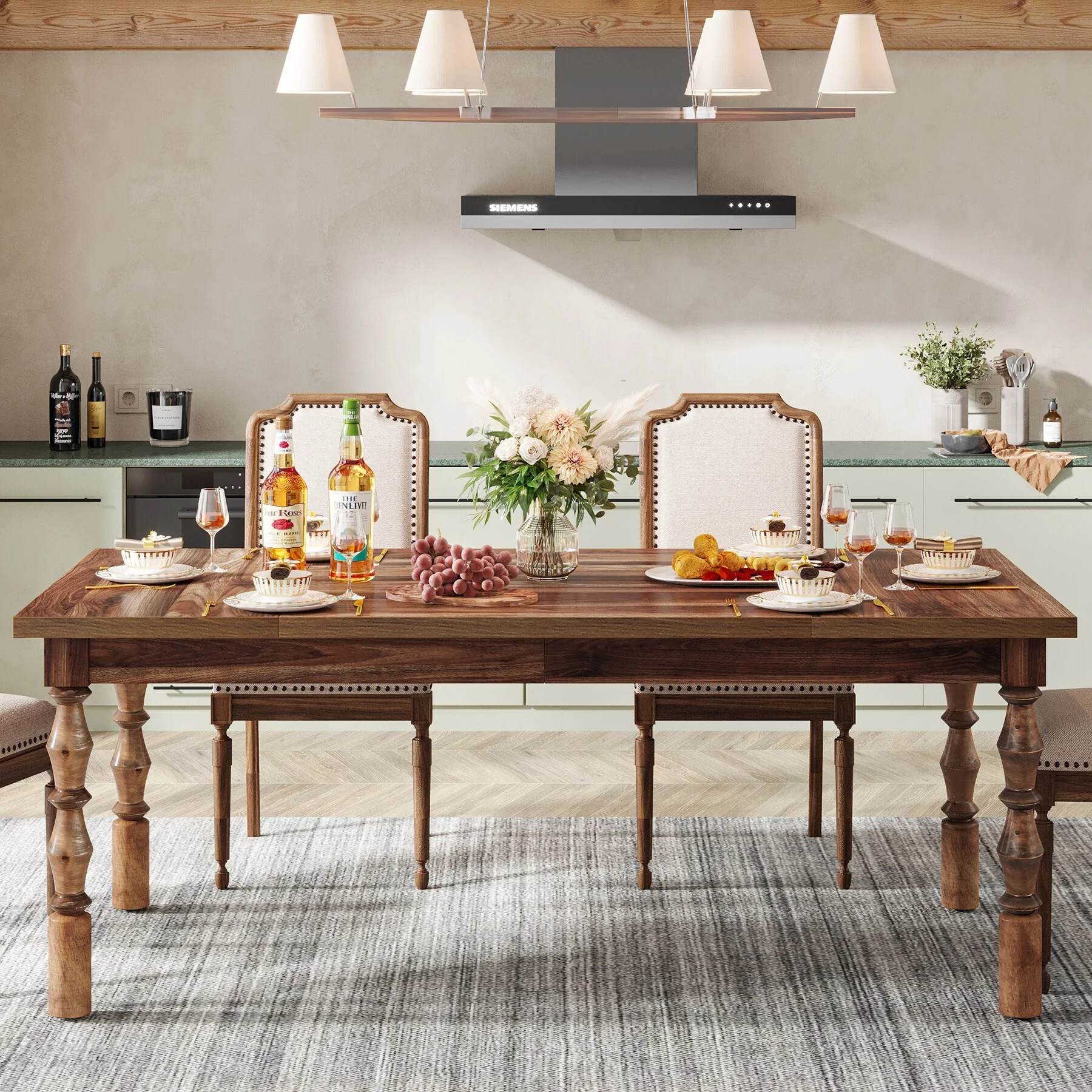 62 Inch Farmhouse Dining Table for 4-6 People, Rectangle Kitchen Dinner Table