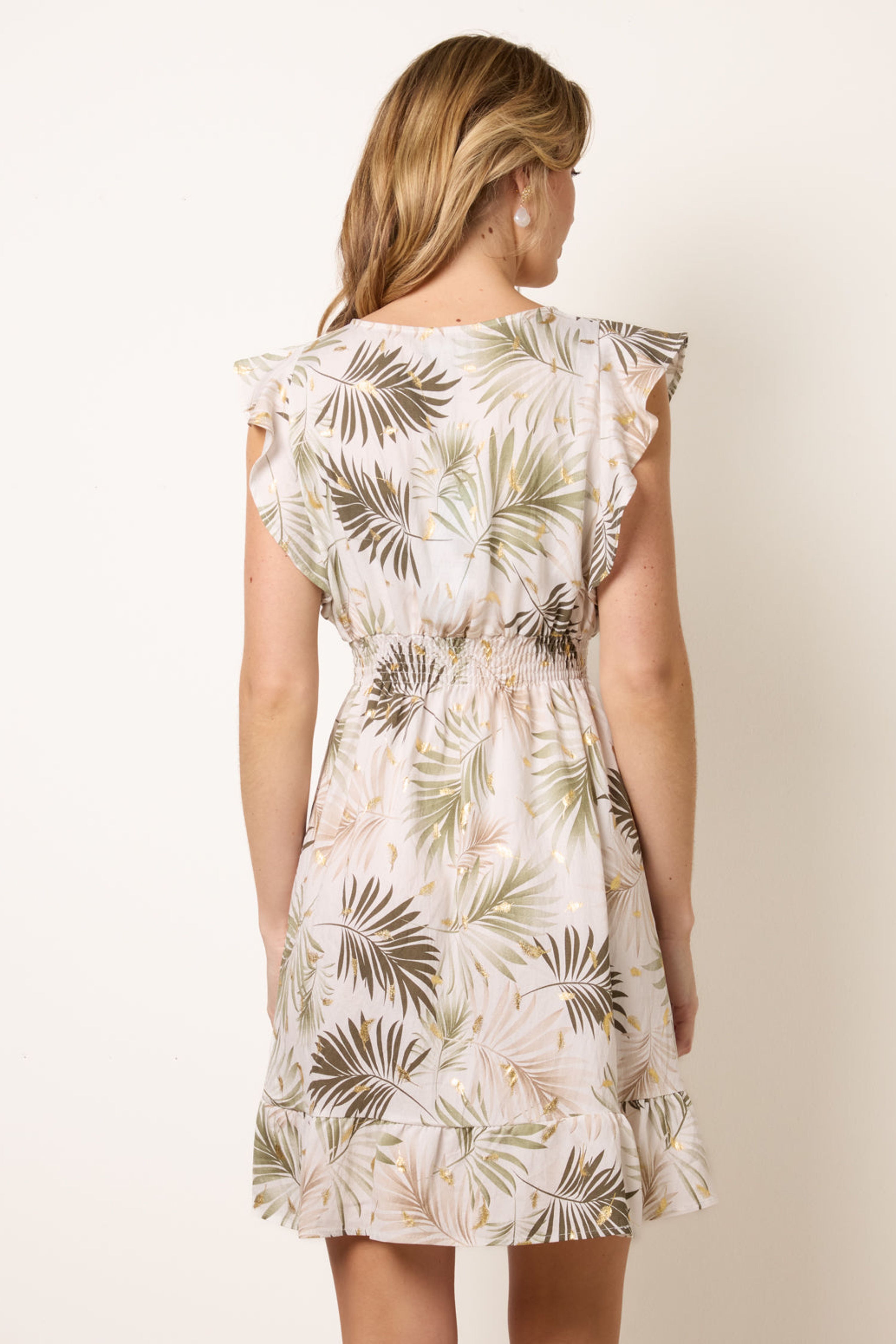 Blue Vanilla Khaki Tropical Dress With Leaf Print