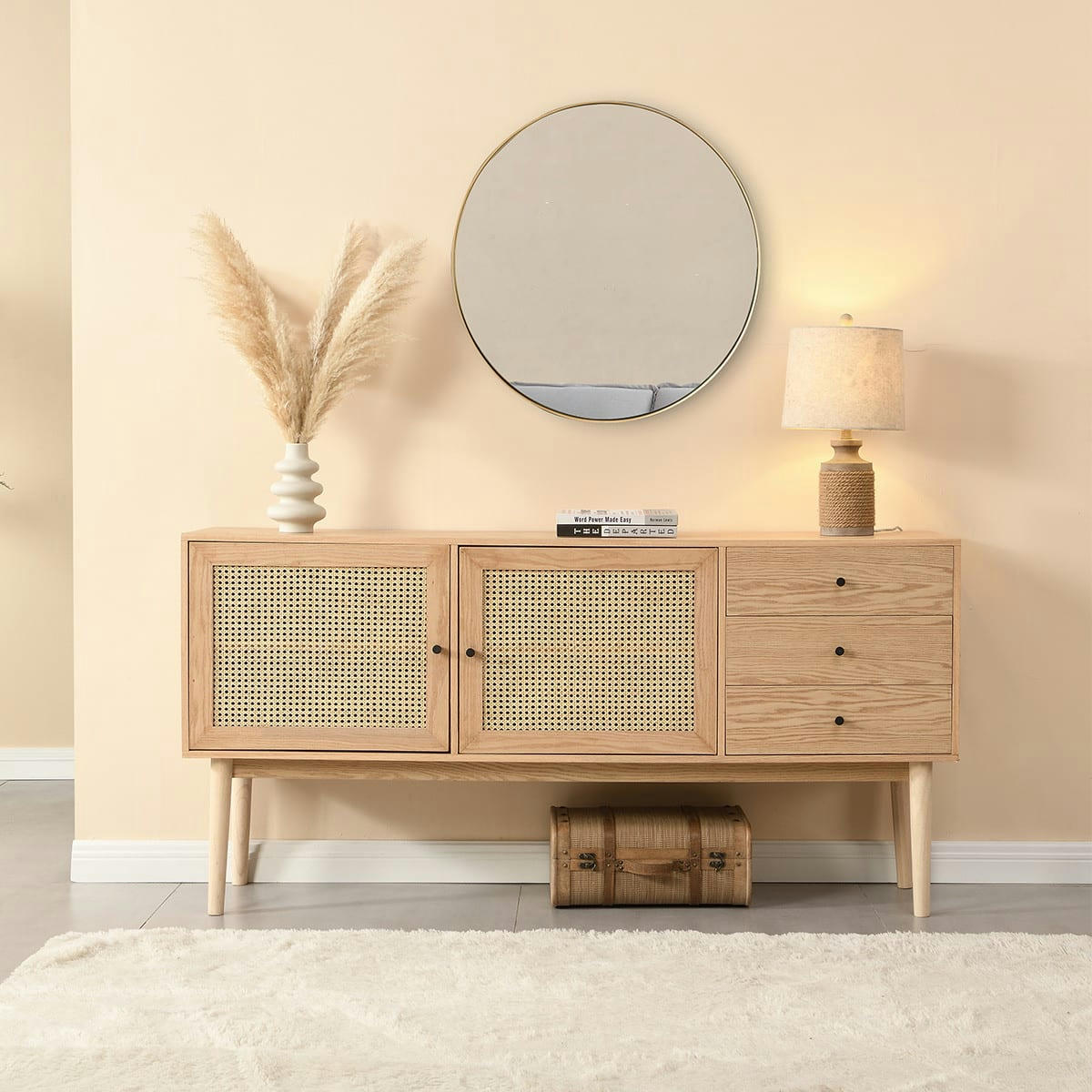 EDEN - Buffet 2 portes 3 tiroirs en bois et cannage naturel 170 cm