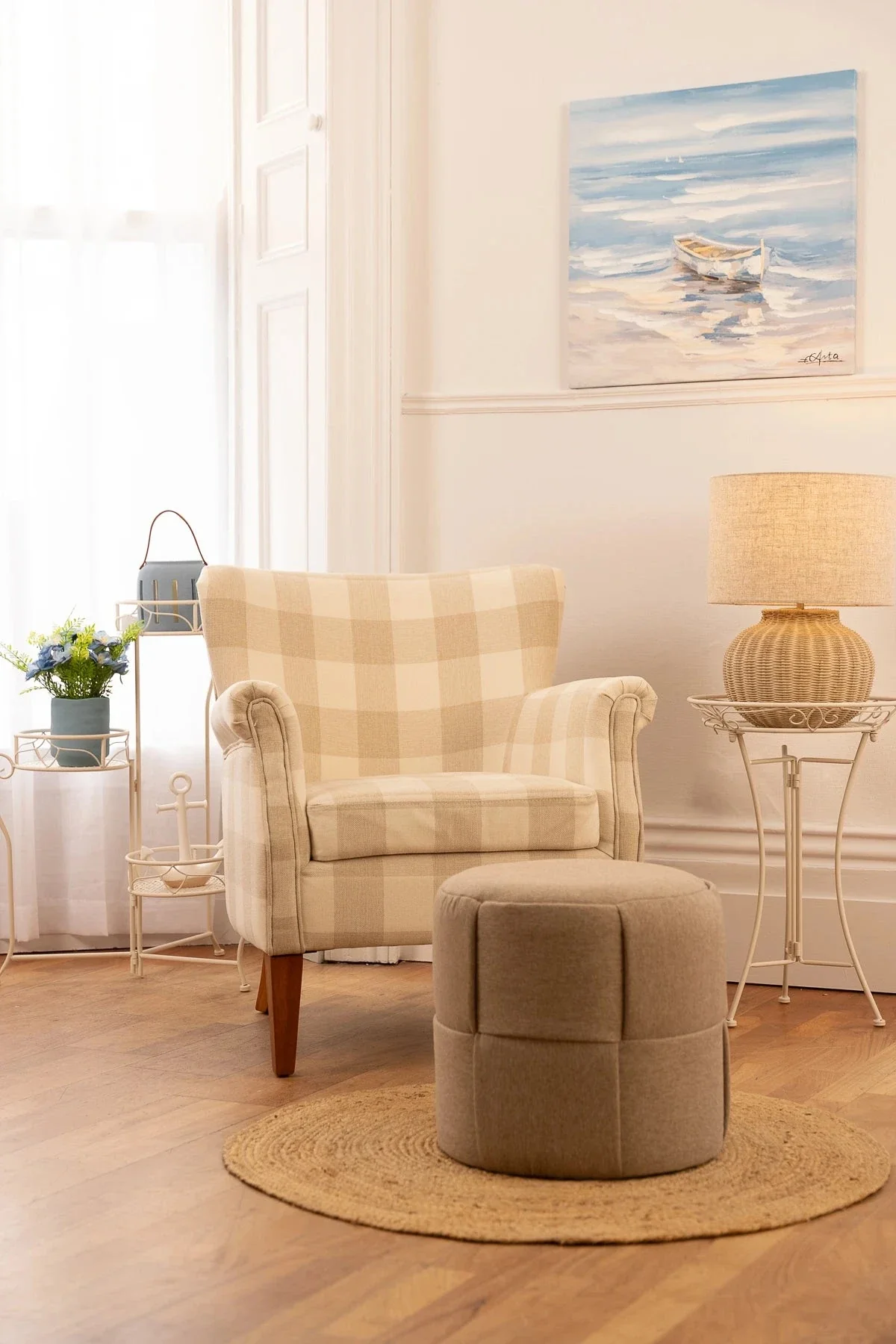 Hampton Grey Checked Armchair with Wooden Legs