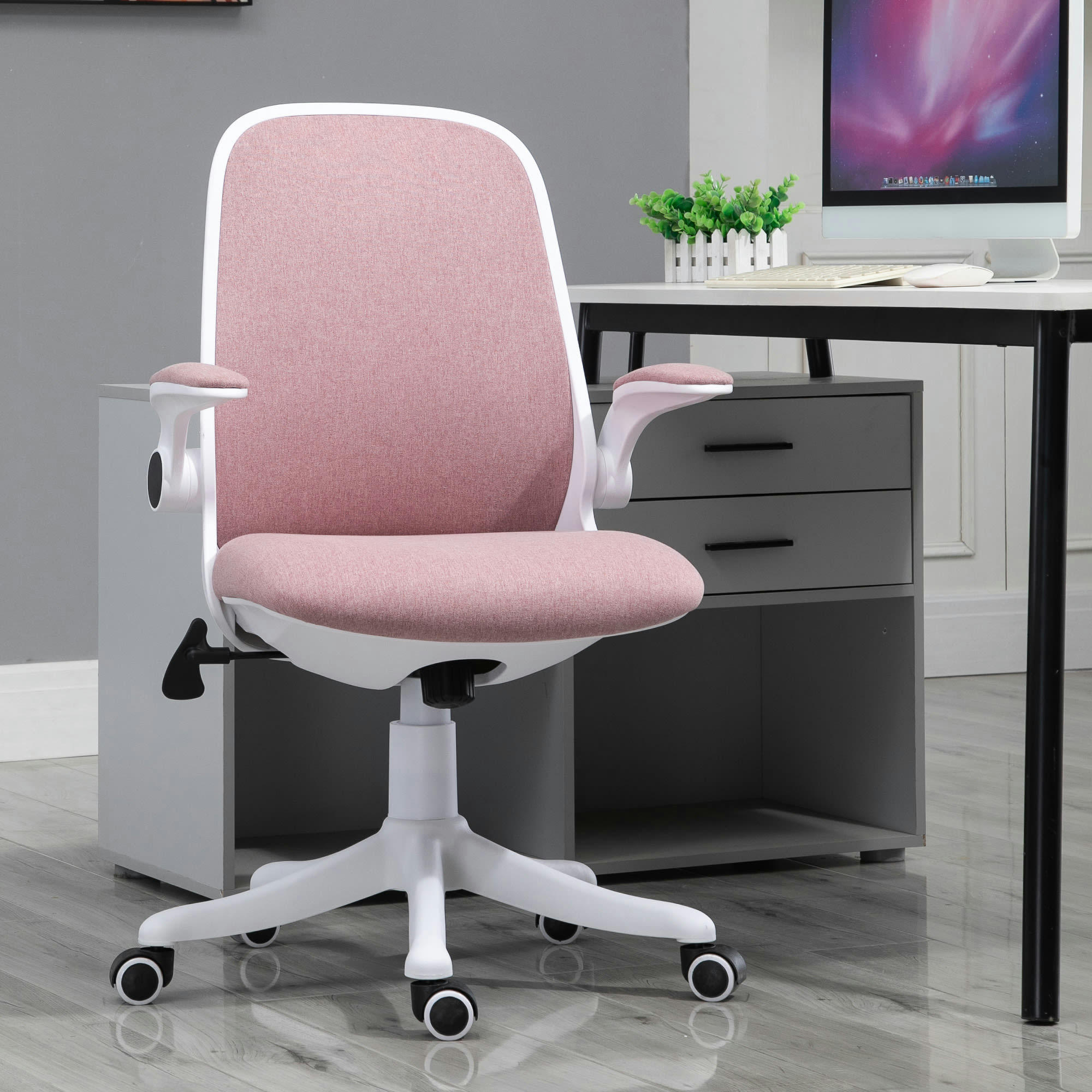 - Chaise de bureau accoudoirs relevables support lombaires tissu rose