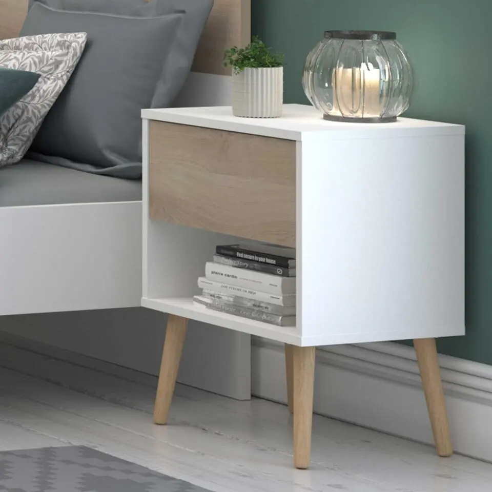 Nachtkastje Hardy 44cm 1 lade - wit/eik