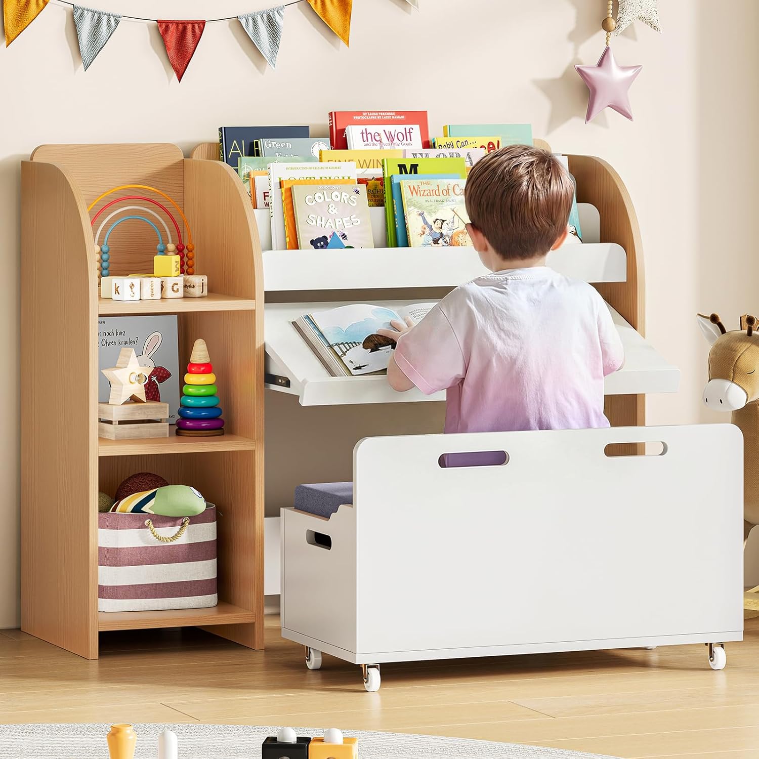 ONBRILL Kids Bookshelf and Toy Storage Organizer with Bench and Telescopic Book Holder, Reading Nook with Toy Box, Kids Furniture for Playroom, Bedroom, Living Room (White and Natural)