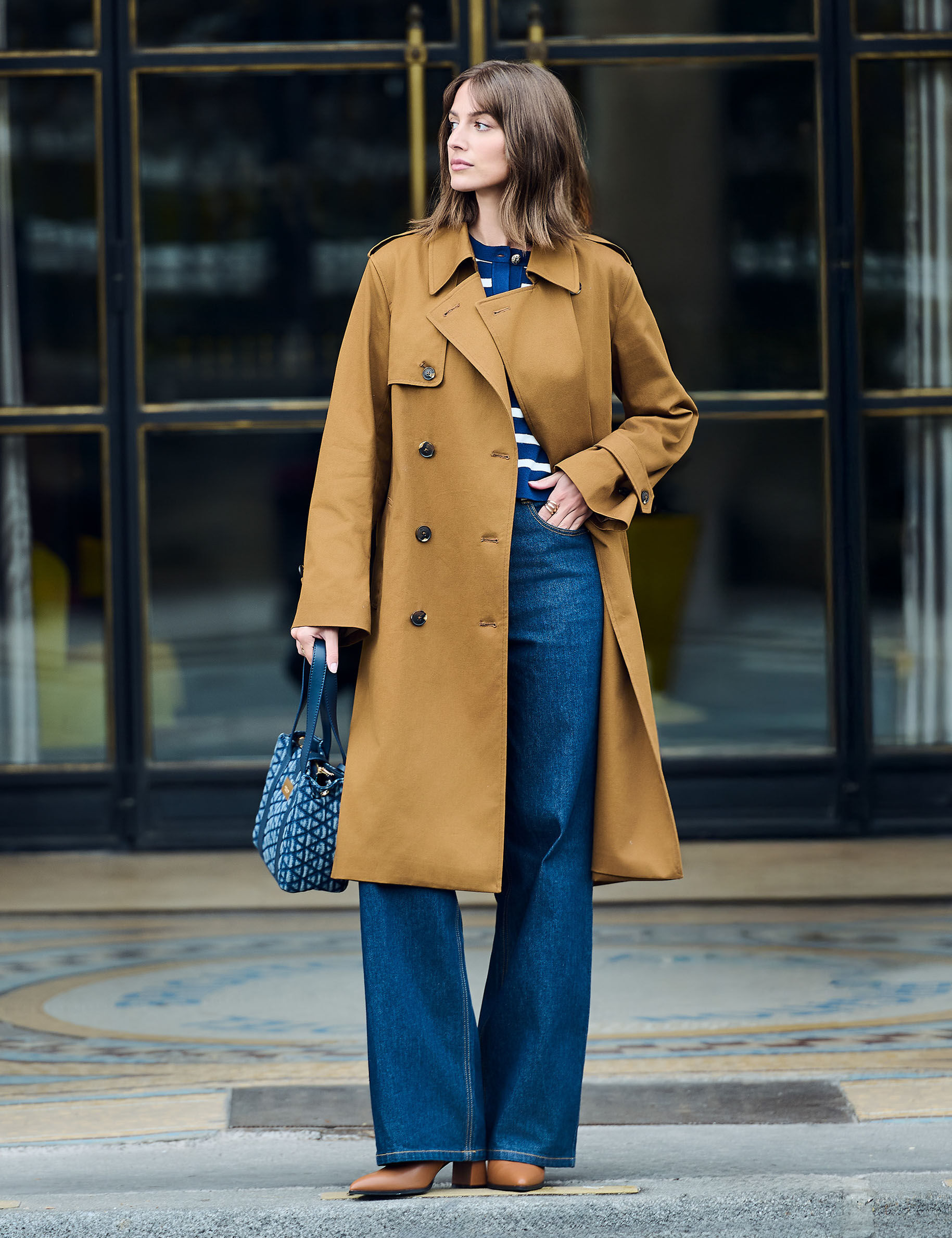 Long Trench Coat With Tailored Collar Cognac Brown Women