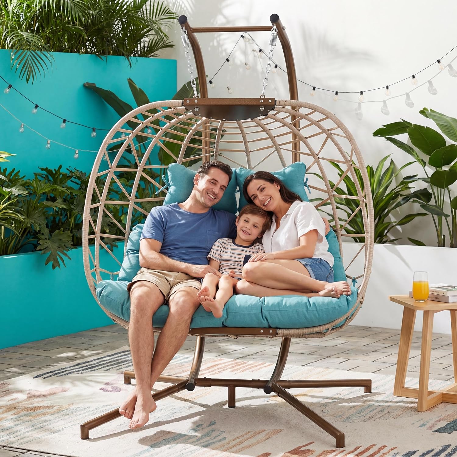 NICESOUL Outdoor Double Egg Chair with Stand, XL Large & Wide All-Weather Cushioned Swing Chair, Heavy Duty Rattan Egg Hammock Loveseat with Stand for Patio Porch Balcony Backyard or Indoor, Turquoise