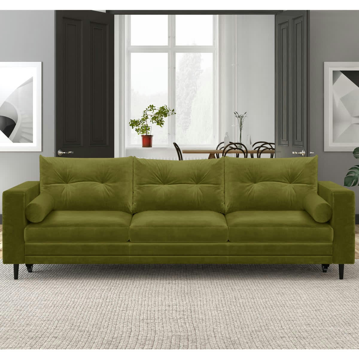 VIKTOR - Canapé 3 places convertible en velours vert olive