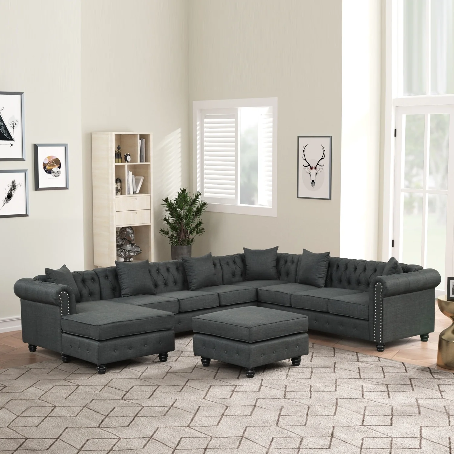 Chesterfield Sectional Sofa with Ottoman and 6 Pillows U-Shape Linen Fabric Sofa with Chaise and Rubberwood Legs for Living Room