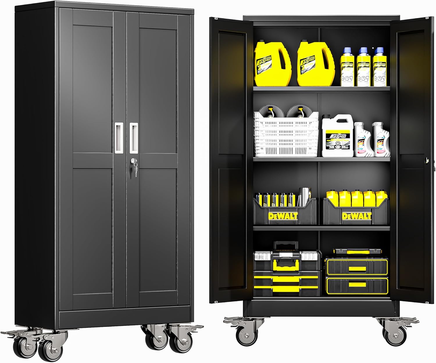 GAIOUS Metal Garage Storage Cabinet with Lock, 61” Tall Lockable File Cabinet with Wheels, Steel Tool Cabinet with 2 Door and 3 Adjustable Shelves, Rolling Cabinet for Home Office Garage Gym - Black