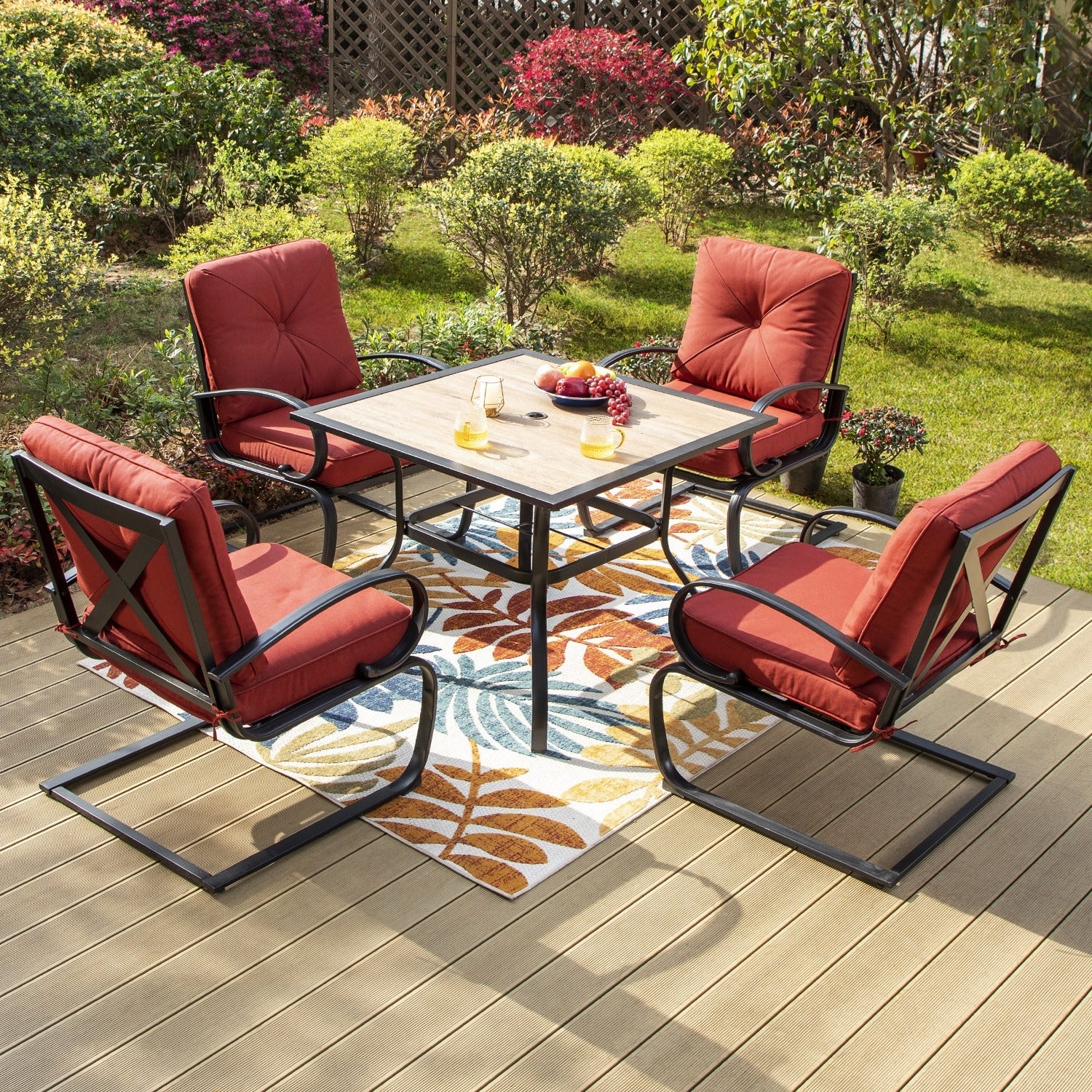 5-Piece Patio Dining Set, 4 Metal Spring Motion Dining Chairs and 1 Square Table with 1.57 Umbrella Hole