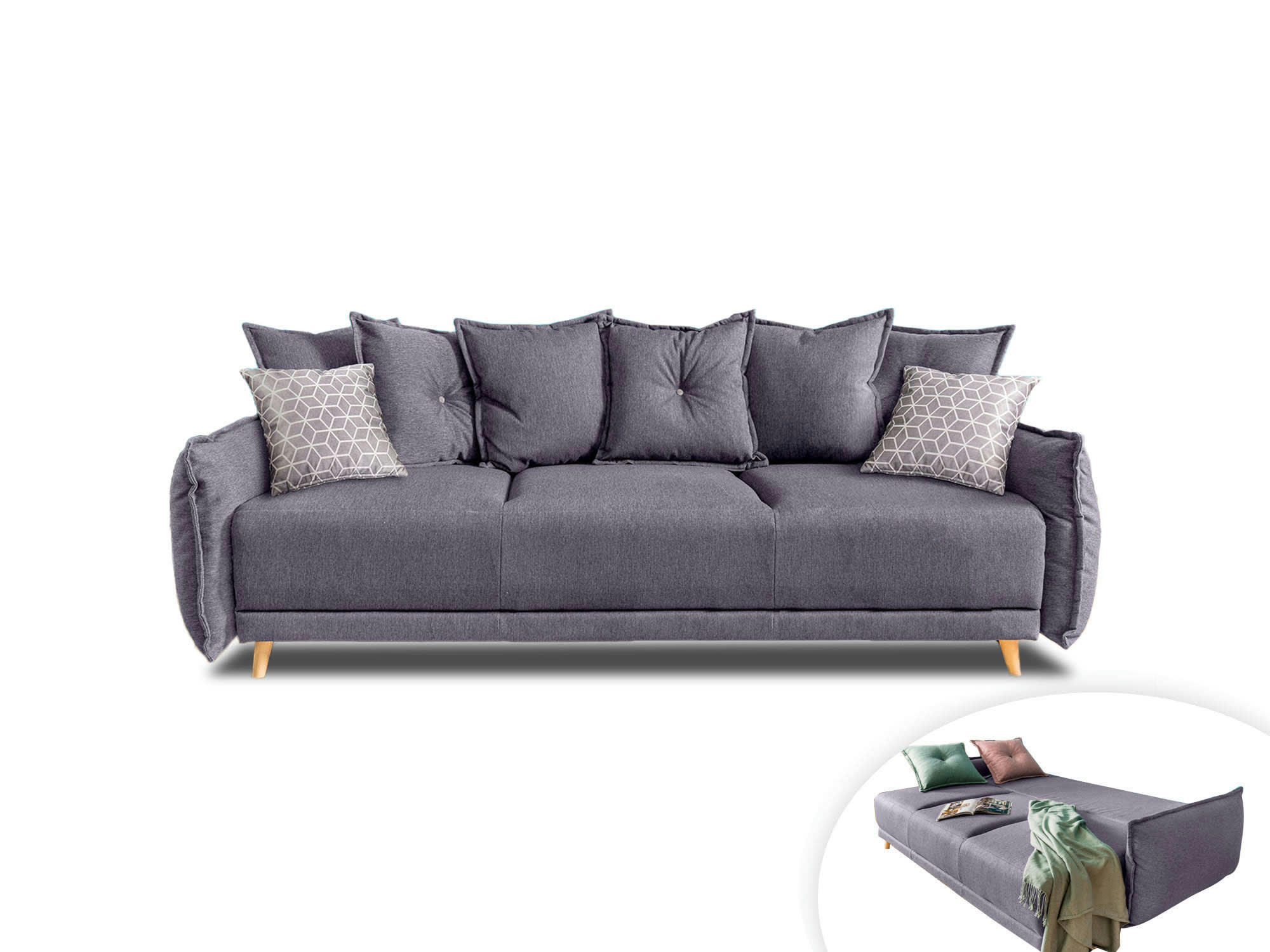 LENA - Canapé droit convertible 3 places en tissu gris clair