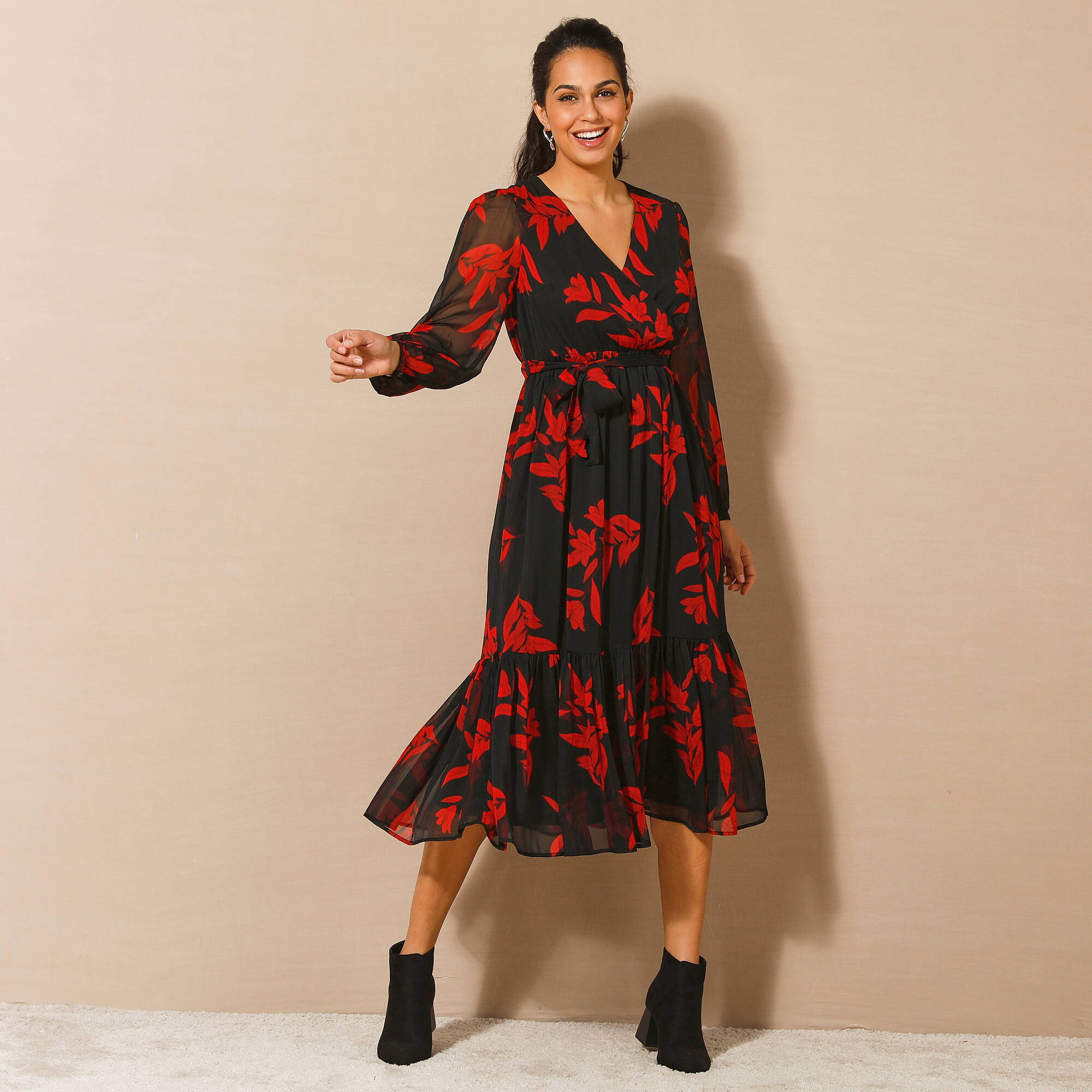 Robe longue volant, voile imprimé