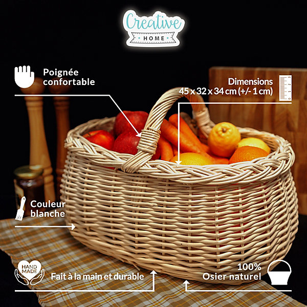 Creative Home Panier de Rangement Blanc Panier en Osier Pique-Nique avec Poignées 45 x 32 x 34 cm ( /- 1 cm) - Tissé à la Main