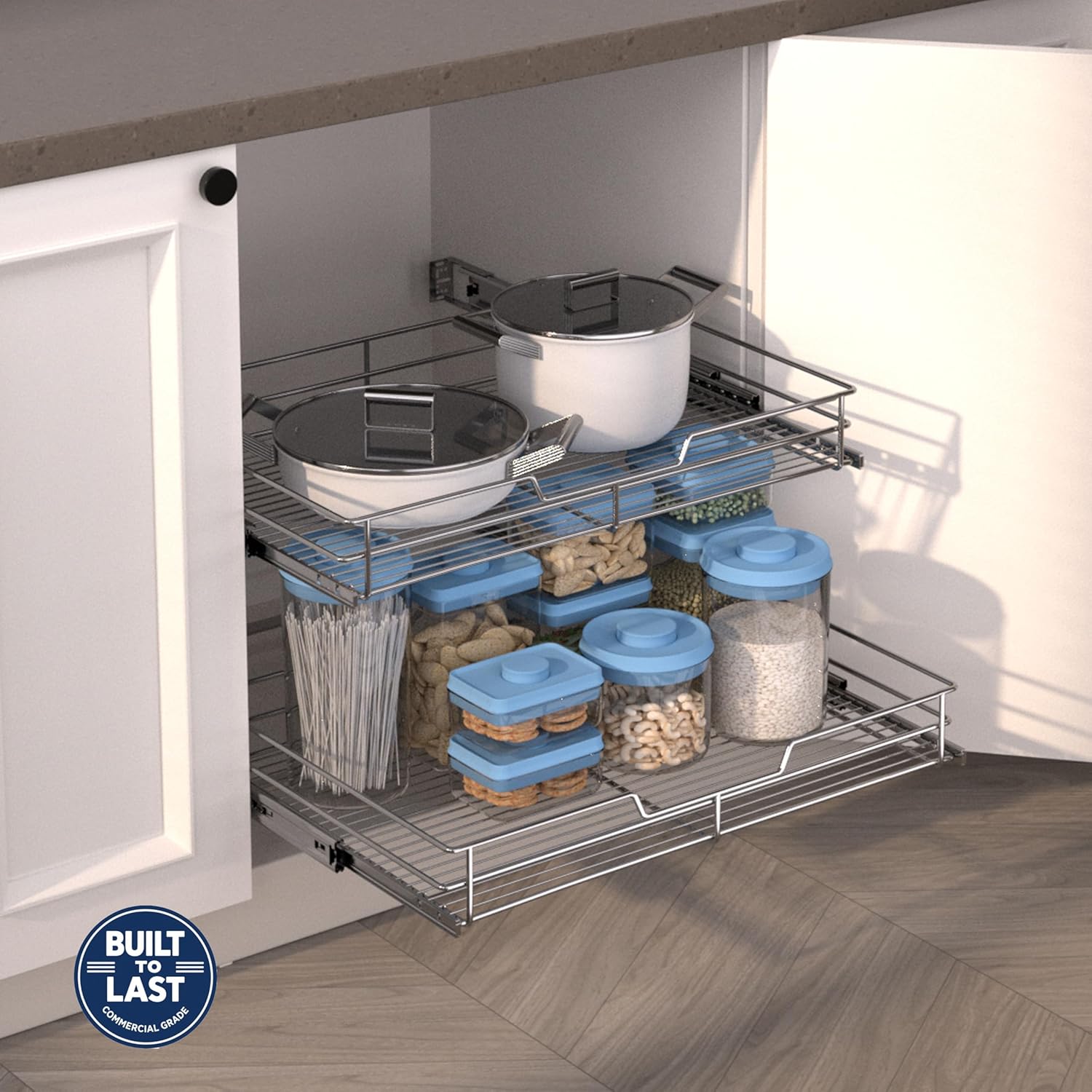 (26 W x 22 D 2-Tier Cabinet Roll Out Shelves | Extra Wide Slide Out Drawers for Kitchen Cabinets, Heavy Duty Pull Out Cabinet Organizer 22 Inch Deep