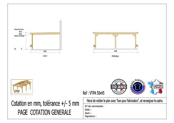 Carport adossé toit plat 500cmx450cm, bois DOUGLAS Français (Charpente en bois-auvent-abri voiture) 22,50 m². Garantie 10 ans