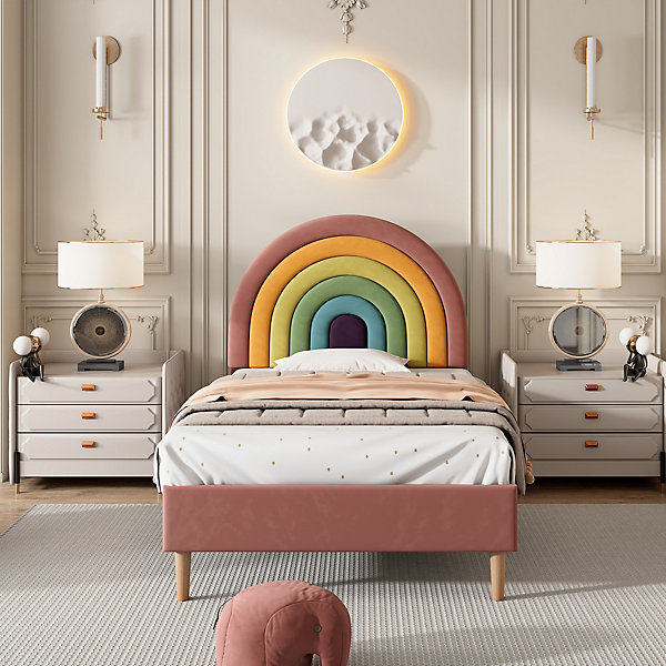 Lit enfant 90x200 cm, Lit Capitonné avec Tête de Lit Arc-en-Ciel Réglable, Revêtement en Velours Doux - Rose, Sans Matelas