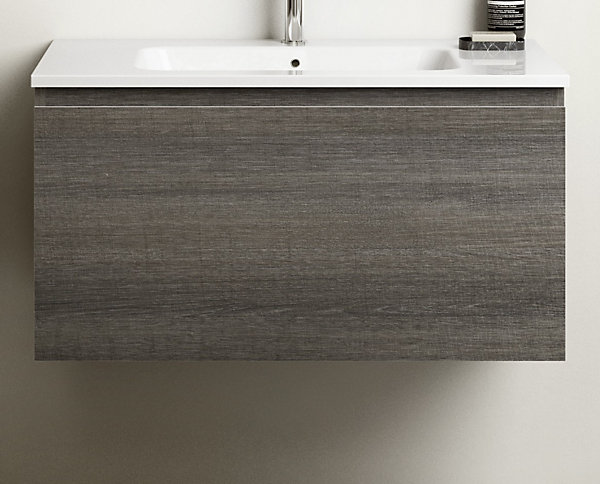 Meuble vasque suspendu effet chêne Metz l.90 cm   plan double vasque blanc mat résine, Pura