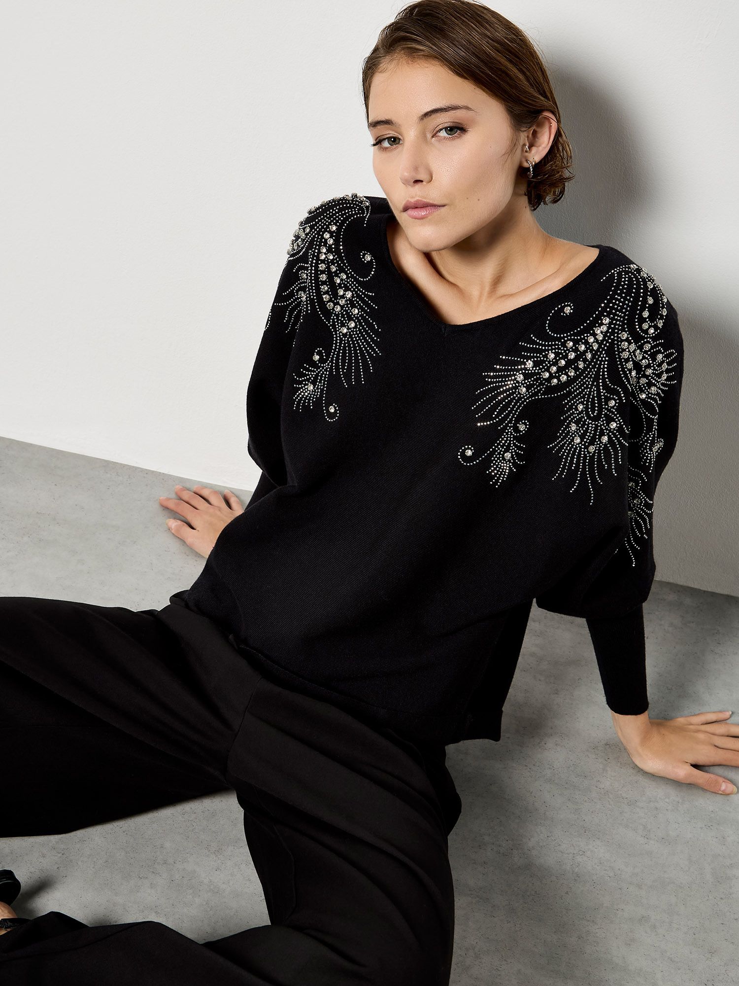Apricot Diamante Feathers Fine Knit Jumper