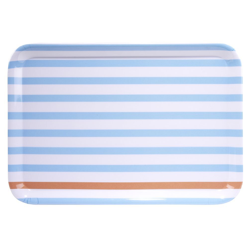 Plateau rectangulaire rayé bleu blanc liseré orange plastique 45x31cm