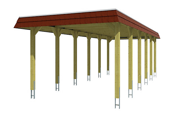 Carport SKAN HOLZ Spreewald 345x893cm, planches de toit et EPDM, bandeau rouge, bois résineux imprégné vert