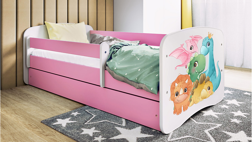 Łóżko Babydreams 140x70 dinusie z szufladą różowe