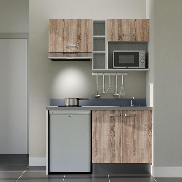 Kitchenette K13 - 140 cm - façades Bois - Plan monobloc en quartz coloris Cromo évier à droite - Electroménager Inox