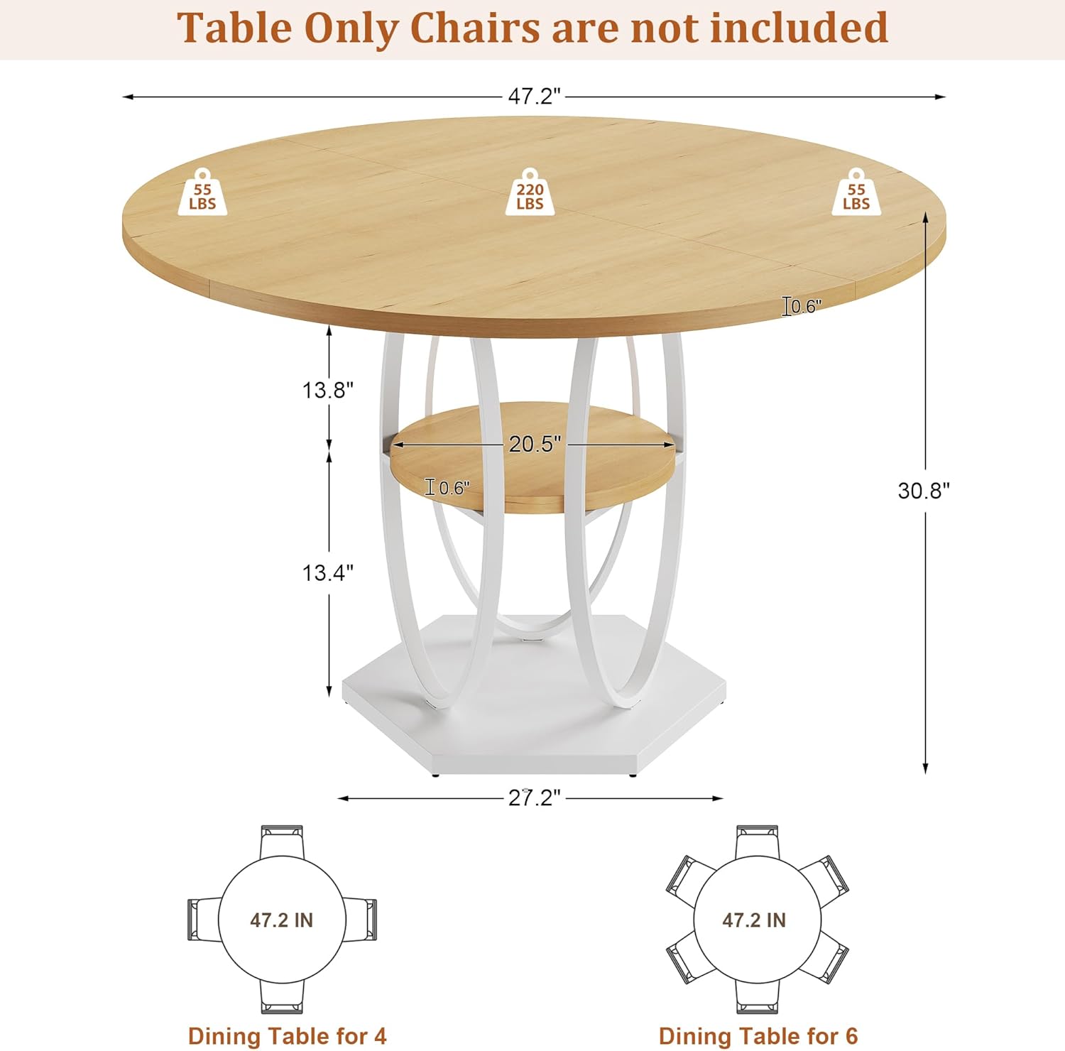 47.2 Round Dining Table for 4-6, Circle Kitchen Table with Open Storage Shelf, Modern Wooden Dinner Table with Metal Pedestal Base, Dining Room Tables for Kitchen Small Space, Natural Wood