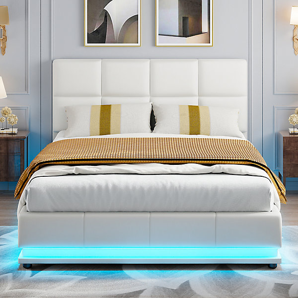 Lit Rembourré 140x190 cm en Simili Cuir Blanc avec LED, Sommier à Lattes, Tête de Lit et Rangement Hydraulique, Sans Matelas