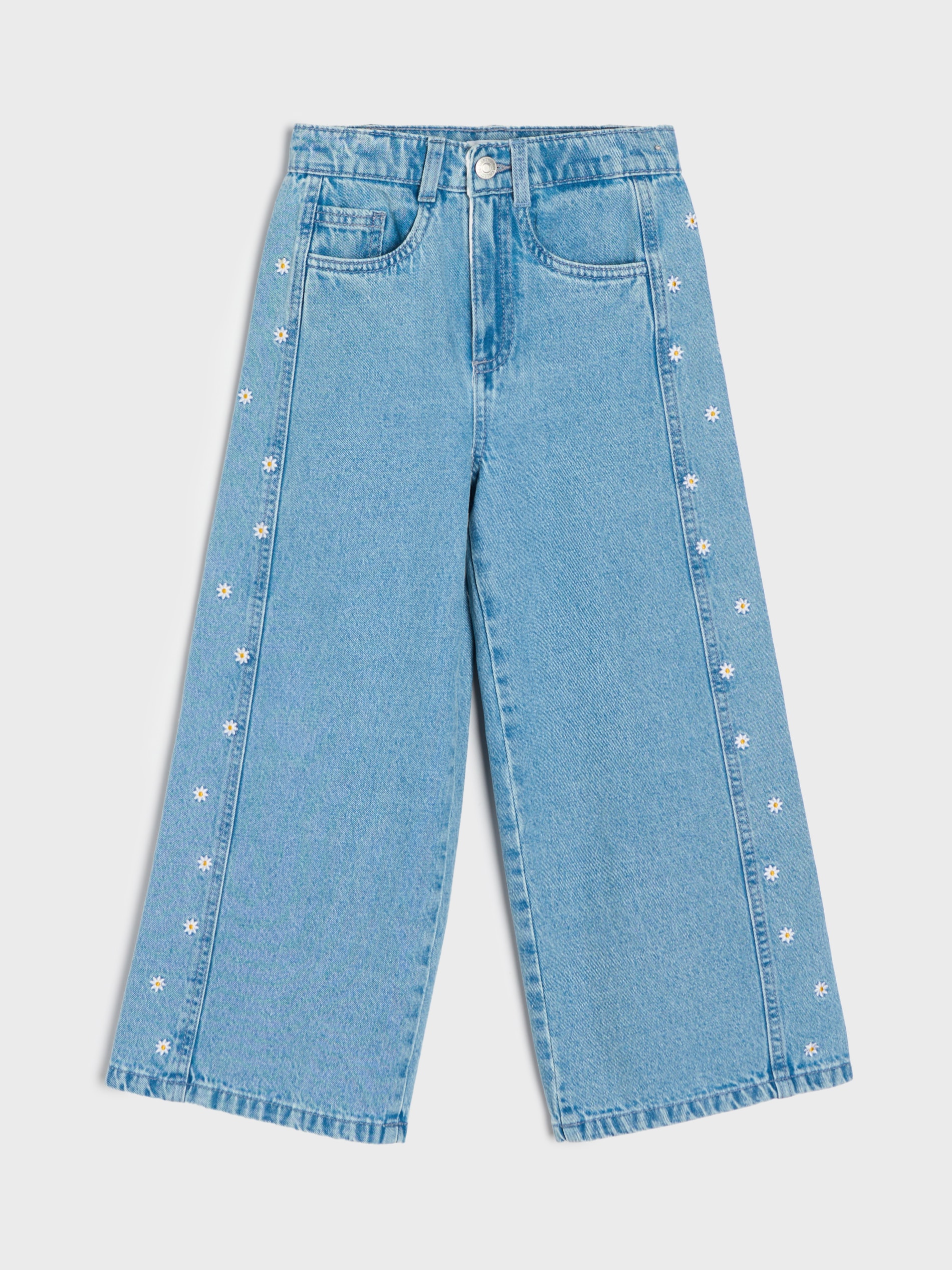 Jeansy wide leg z haftowanymi kwiatkami