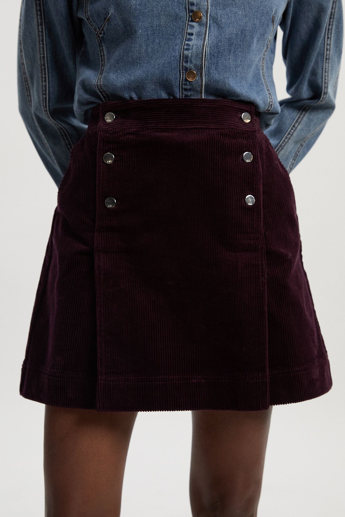 KarenMillen Cord Button Pleat Detail Mini Skirt