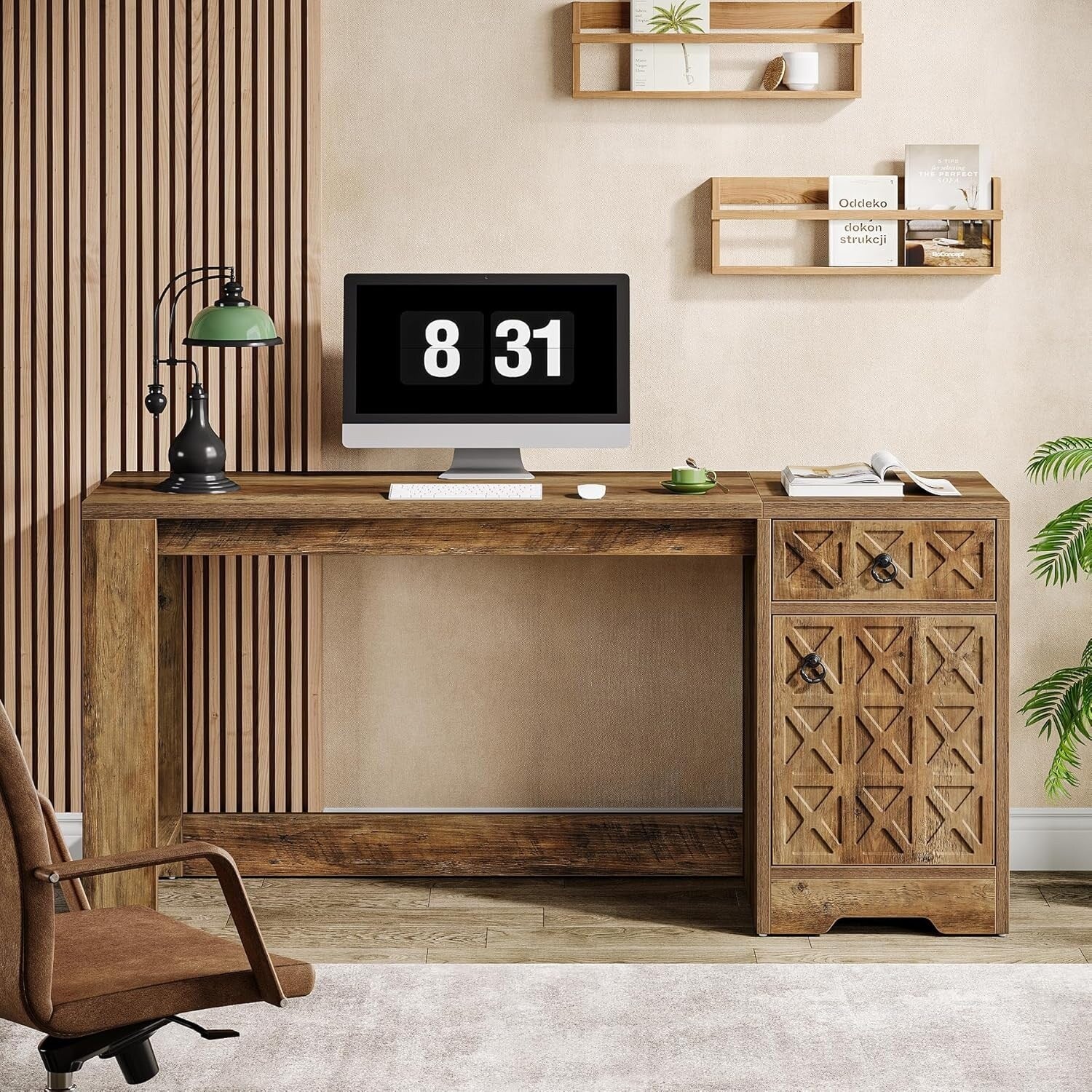 59-Inch Brown MDF Computer Desk with Drawer, Farmhouse Office Desk with Storage Cabinet for Home Office