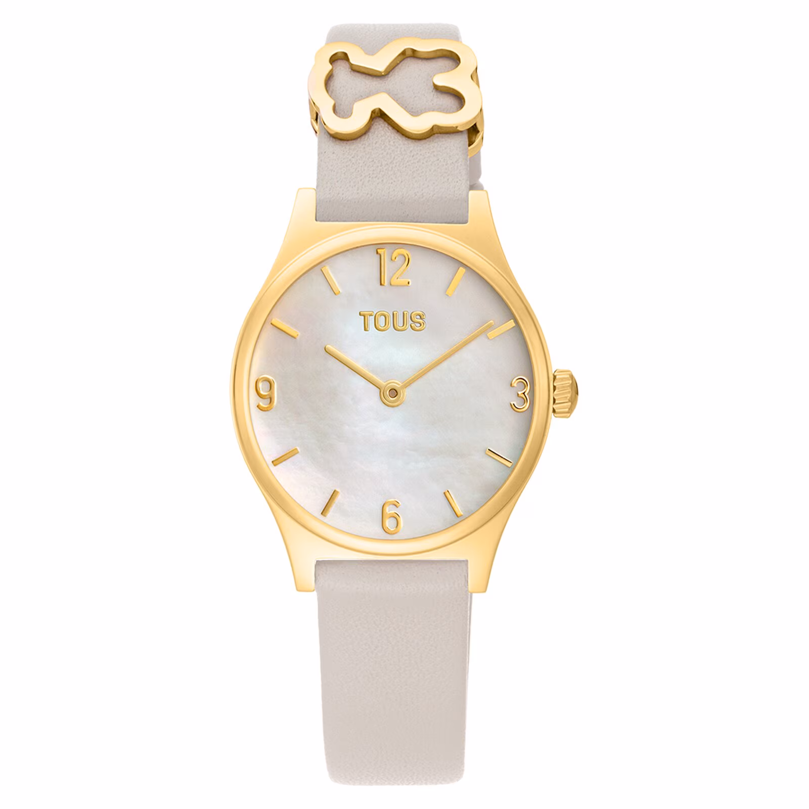 Reloj analógico con brazalete de piel blanca, acero dorado y esfera de nácar Epic Icon