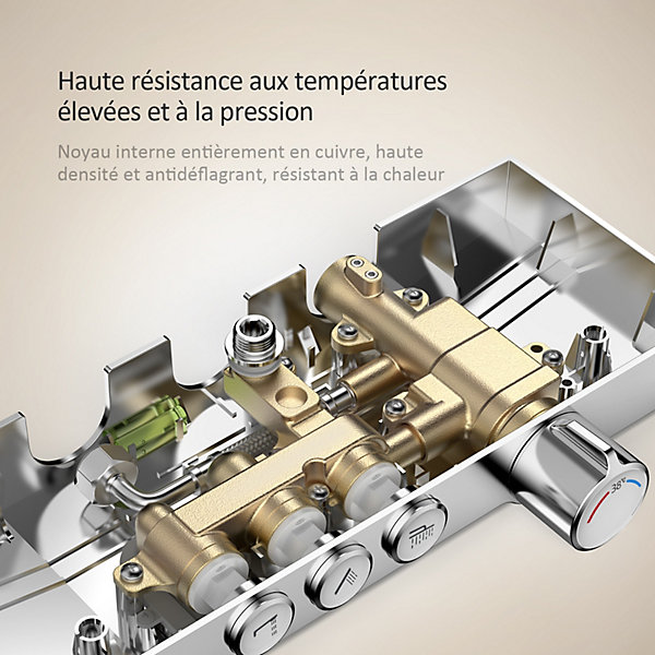 EMKE Colonne de douche Thermostat, 36 x 14 cm étagères en verre, 3 types de jets, douche à effet pluie, Certification KTW, Chrome