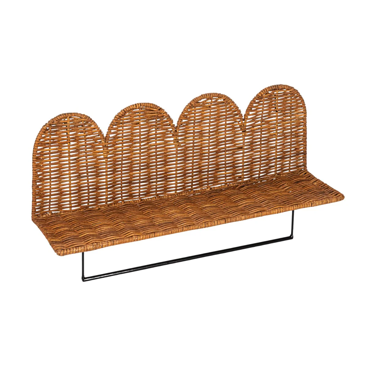 Rattan Wicker Wall Shelf with Scalloped Edge and Metal Rod - 24.0L x 6.0W x 12.5H