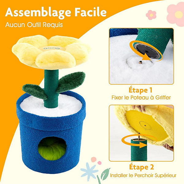 Arbre à Chat d'Intérieur, avec Perchoir Rembourré en Forme de Fleur, Griffoir, Niche avec Coussin, Feuilles Pliables (Jaune)