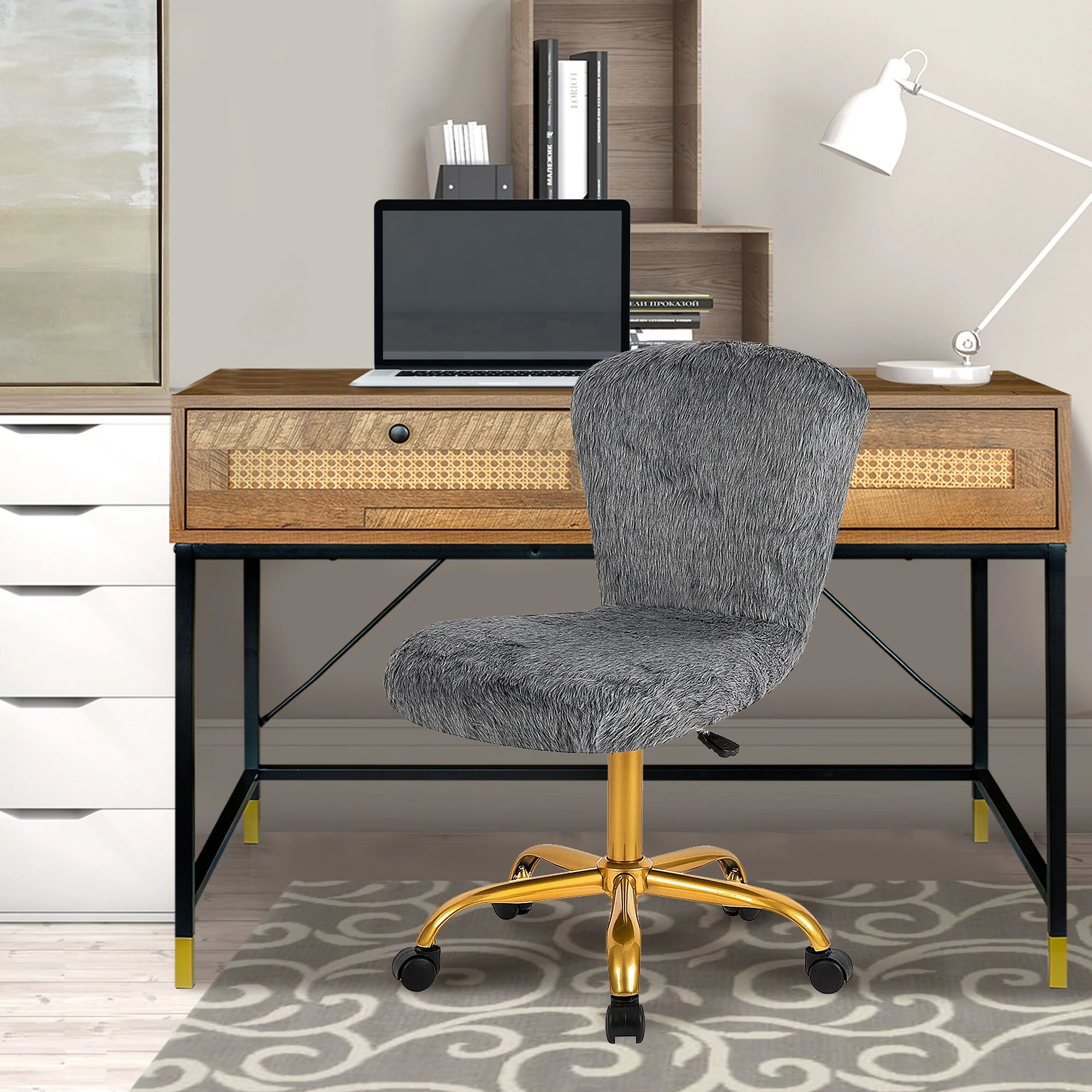 Fakefur Makeup Vanity Chair With Golden Leg