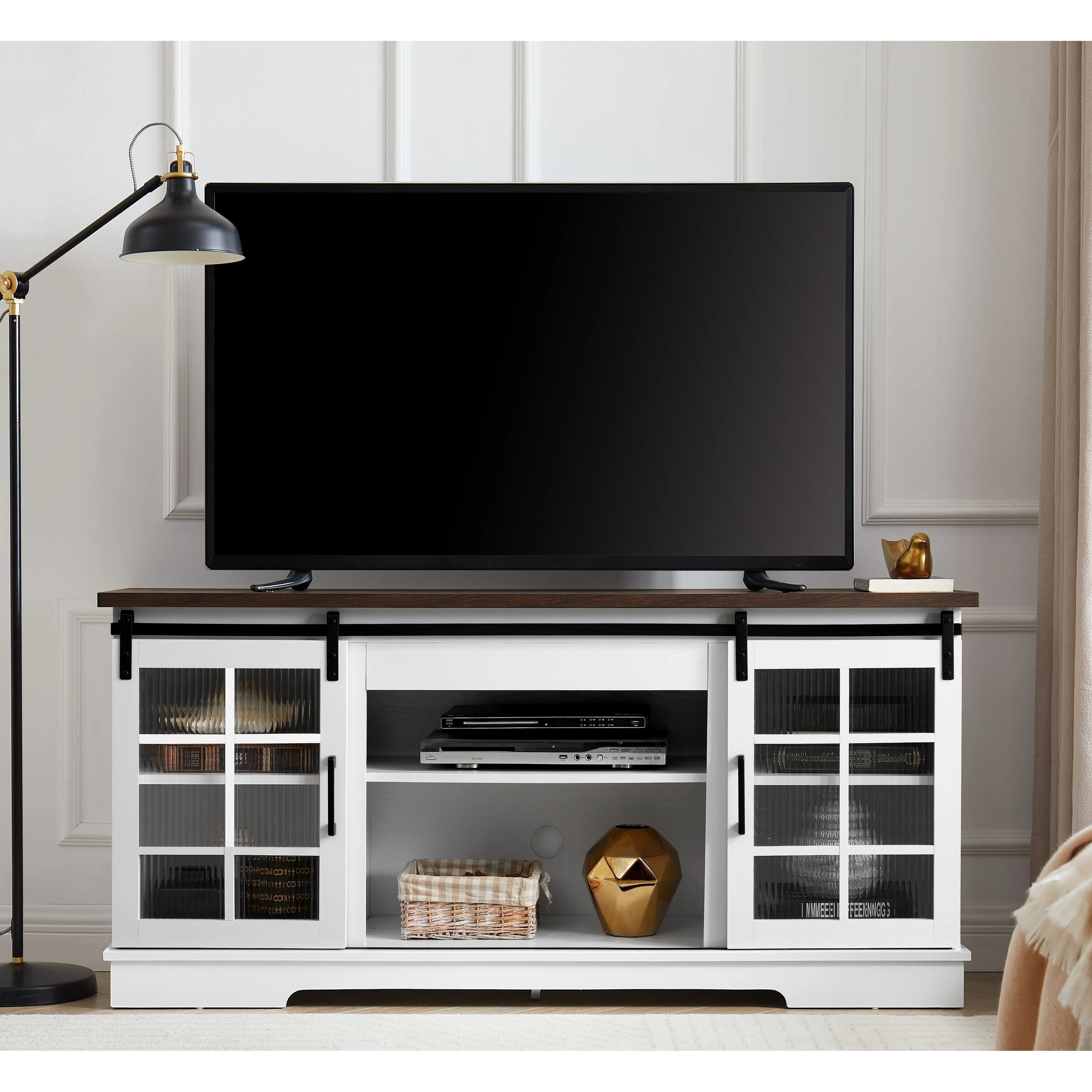 Multipurpose TV Stand with Sliding Glass Doors - Classic American Design for TVs Up to 65 Inches