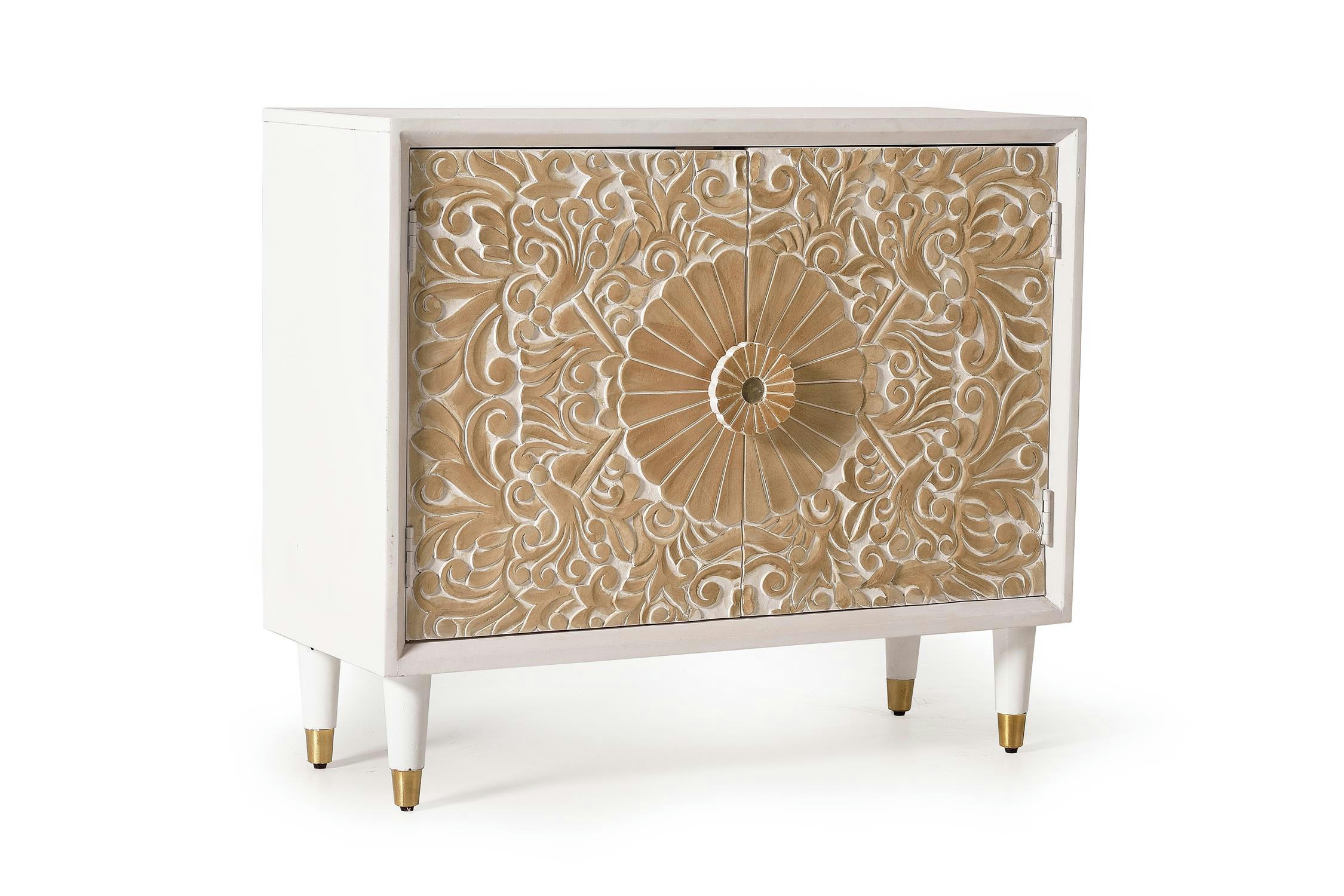 - Buffet en bois de manguier blanc et détails dorés