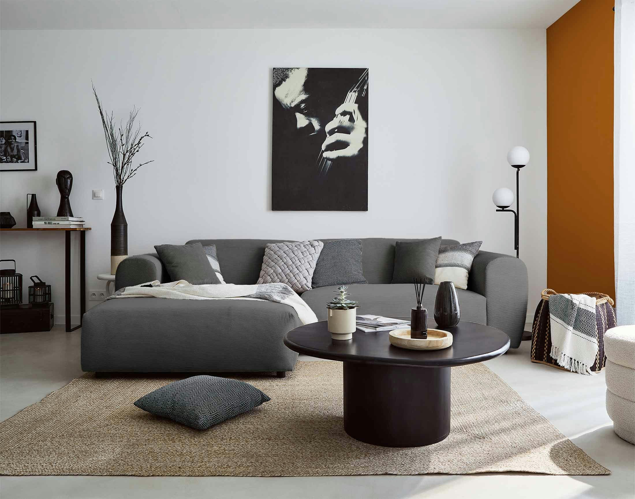 AUMANCE - Canapé d'angle gauche 4 places en velours côtelé gris foncé