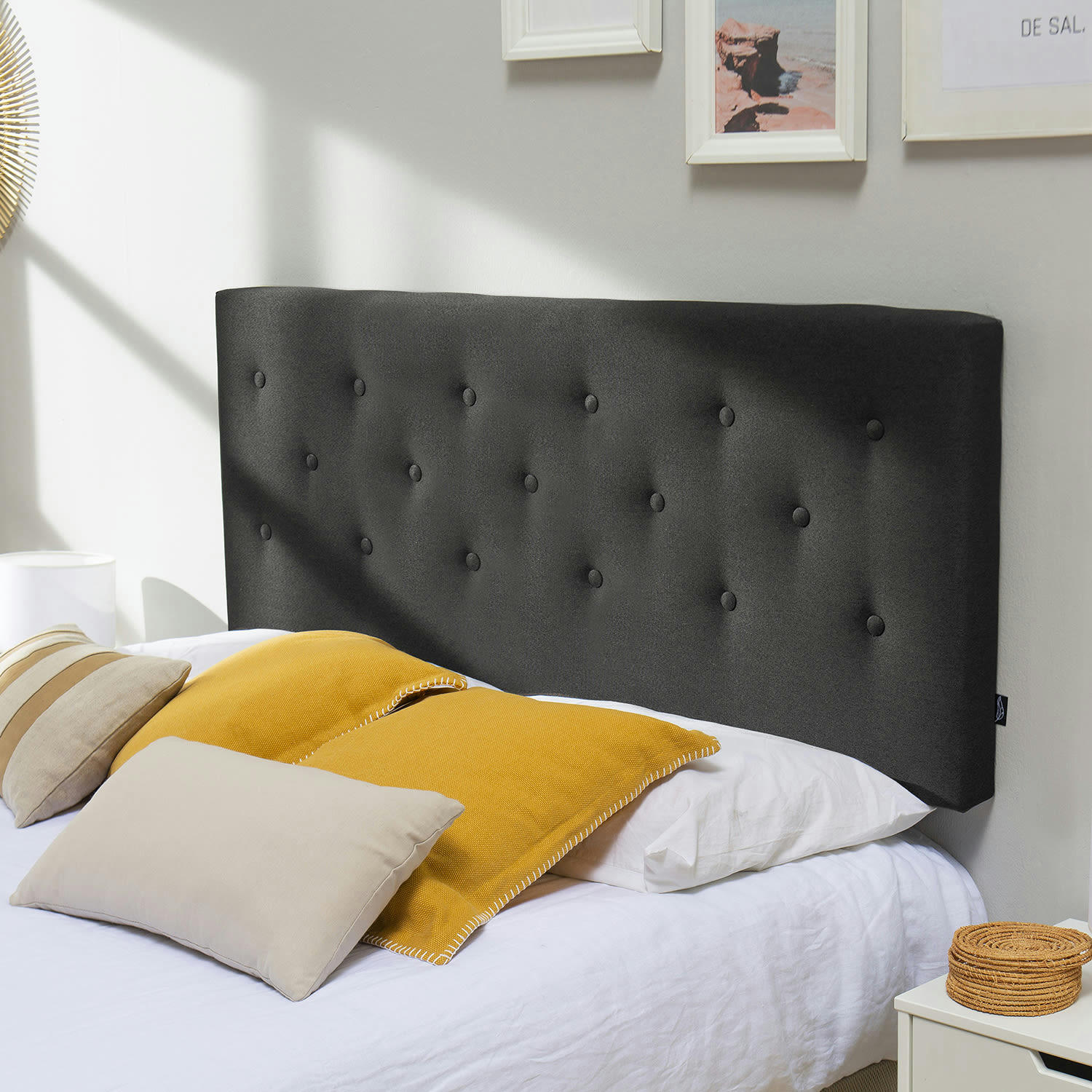 OSLO - Tête de lit 140x100 cm, capitonnée tissu anthracite, épaisseur de 8 cm