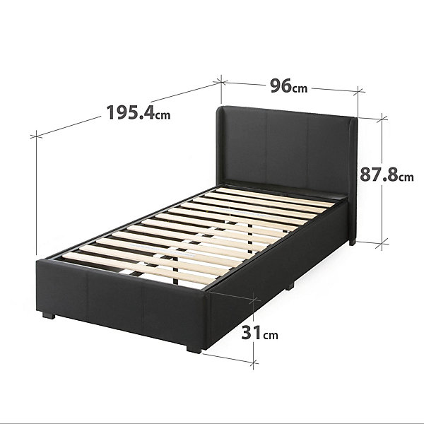 Lit 90x190cm Noir Tapissé - Sommier - Coffre avec Rangement - Système de Levage Hydraulique - Adultes Enfants Adolescents Chambre