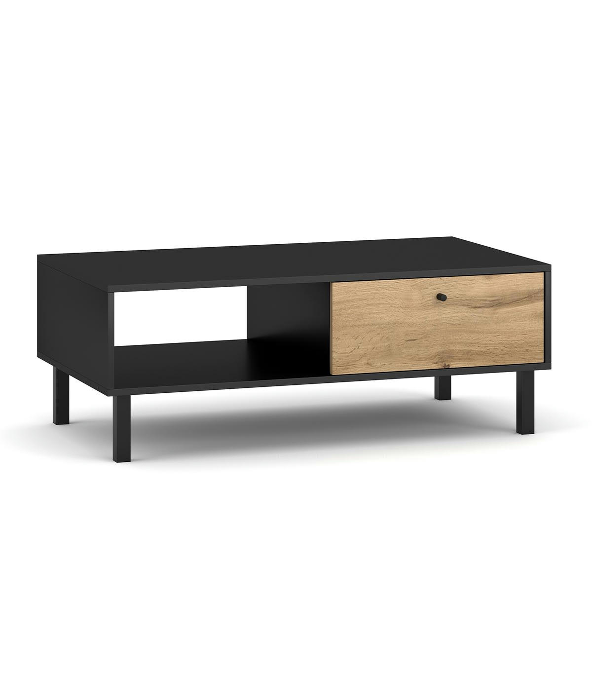 BOSPE - Table Basse 1 Tiroir et 1 niche L110 cm - Décor chêne et Noir