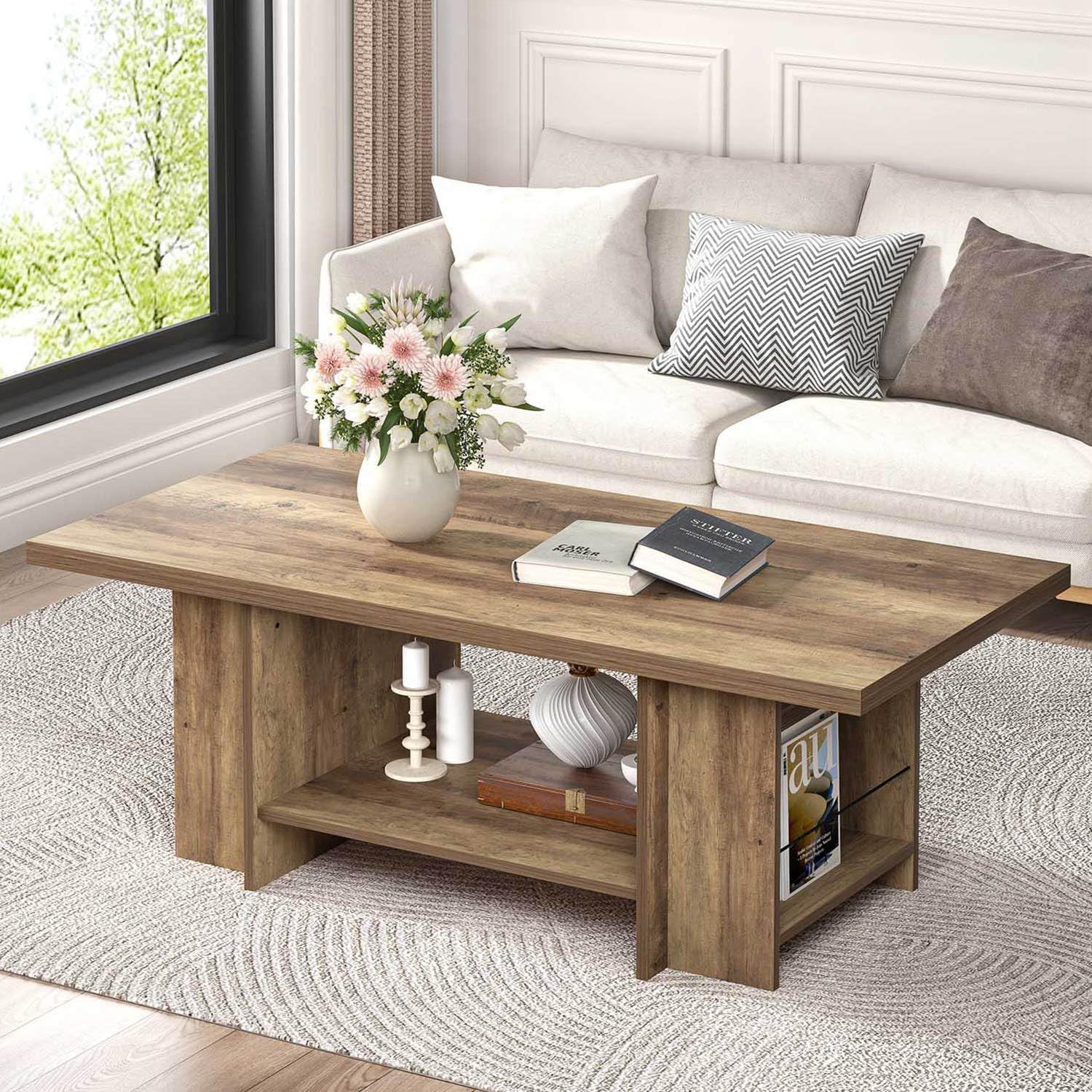 FOLUBAN Wood Coffee Table, Modern Center Table for Living Room with Bottom Storage Shelf & Side Shelves, 2-Tier Rectangle Cocktail Tea Table for Home Decor, 47 Inch, Rustic Oak