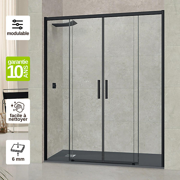 Paroi de douche portes coulissantes en verre ép 6mm L160/164xH195 cm - profilé noir mat - SUPERBAN Vézannes 4P