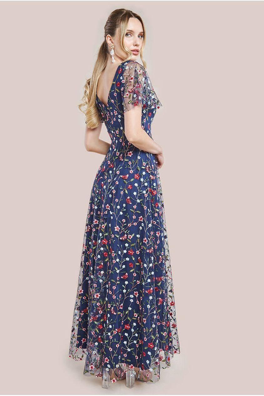 Goddiva Flutter Sleeve Floral Embroidered Maxi