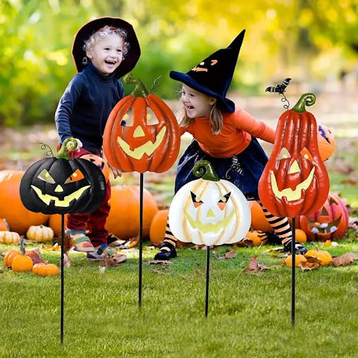 NNETM Spooktacular Glow: Set of 4 Halloween Fluorescent Pumpkin Yard Signs