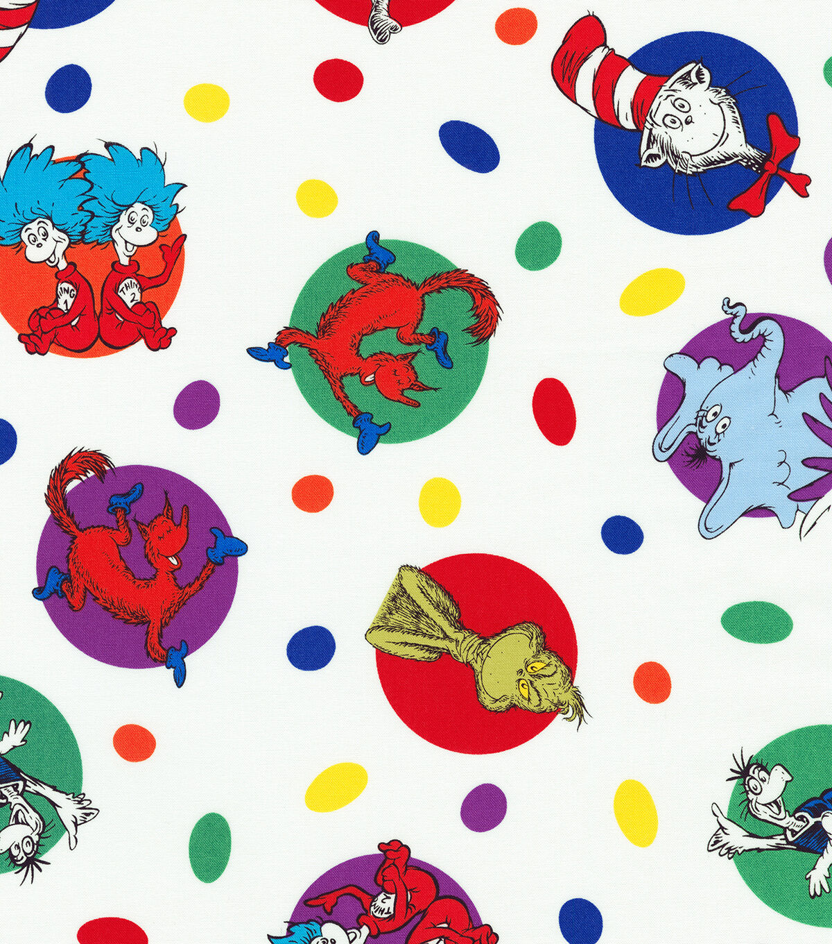 Dr Seuss Colorful Pals on White Cotton Fabric