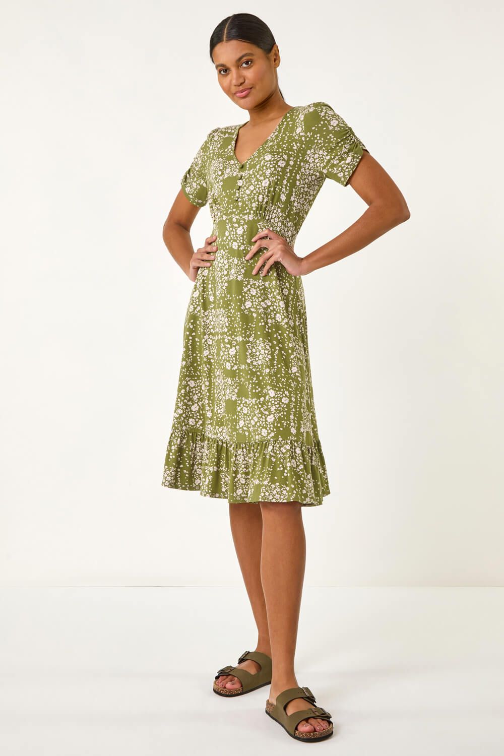 Roman Floral Print V-Neck Button Dress