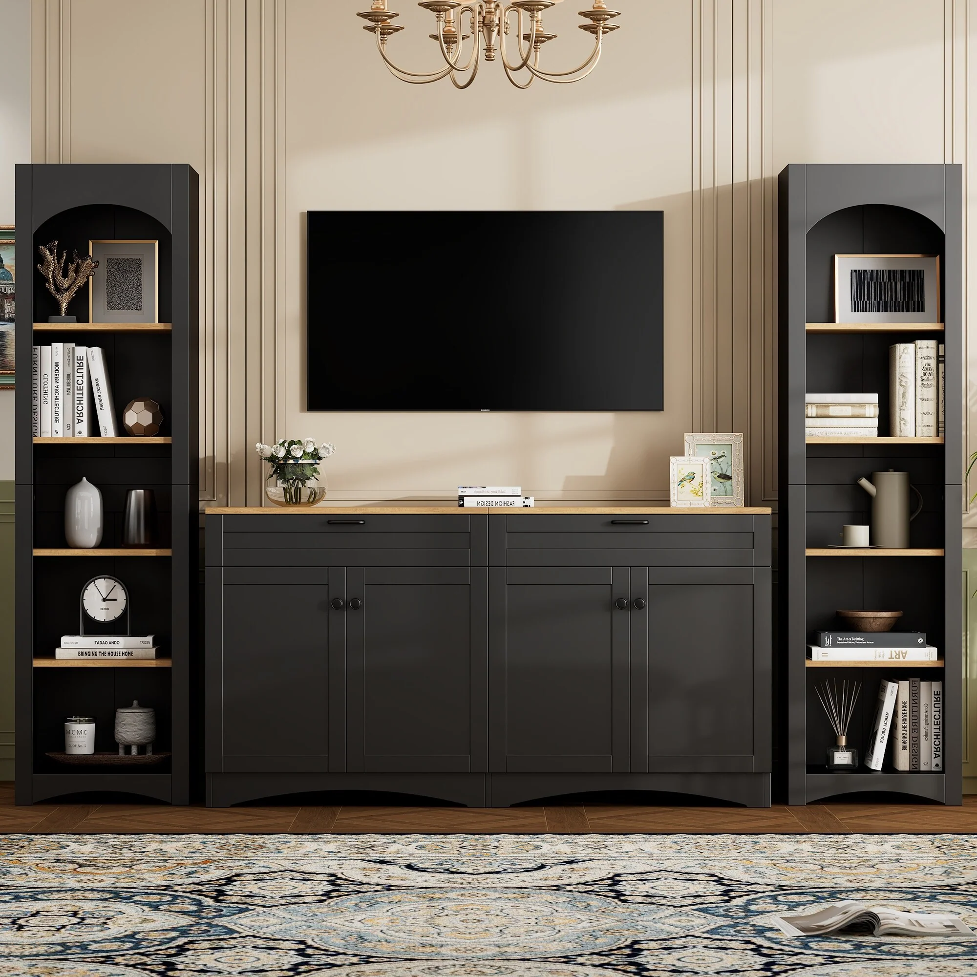 3-Piece Farmhouse Entertainment Center with Adjustable Shelves, Storage Cabinets, and Bookshelf for TVs Up to 70 Inches