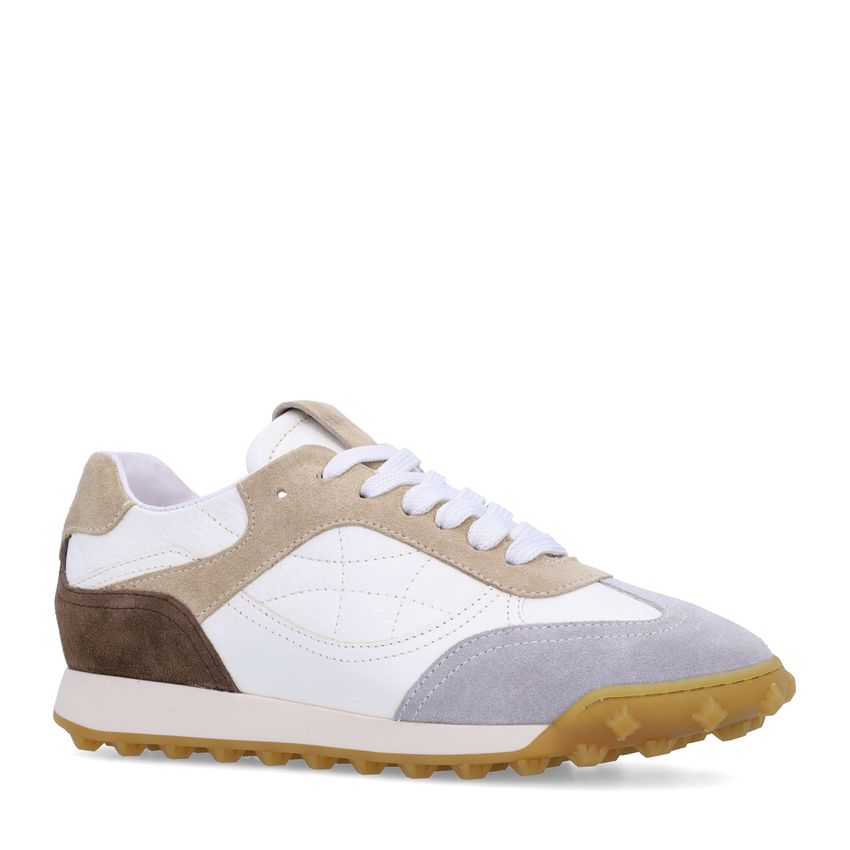 Manfield Witte leren sneakers met taupe suède details