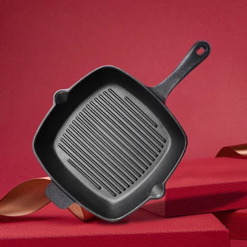 SOGA 2X 26cm Square Ribbed Cast Iron Frying Pan Skillet Steak Sizzle Platter with Handle